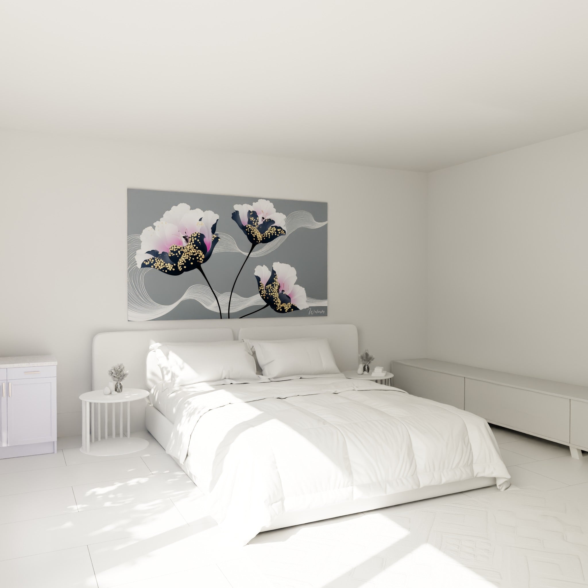 Tulipes roses et noires mouchetées d'or accrochées au-dessus d'un lit dans une chambre claire