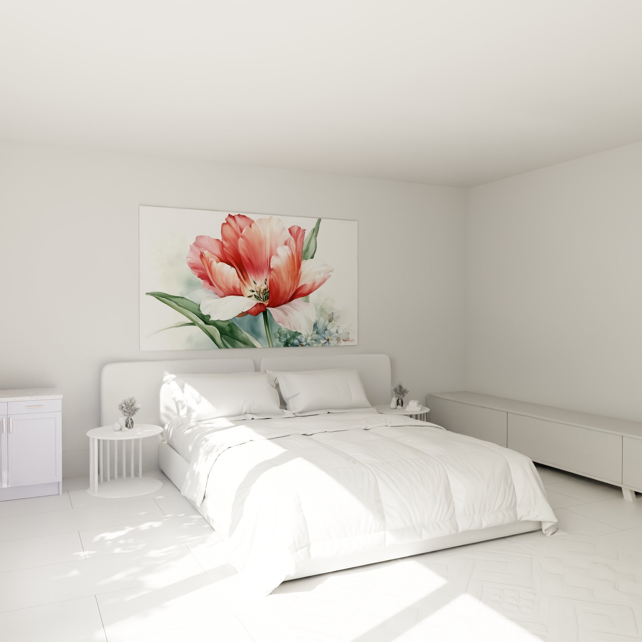 Tulipe rose et corail aux pétales délicats accrochée au-dessus d'un lit dans une chambre claire