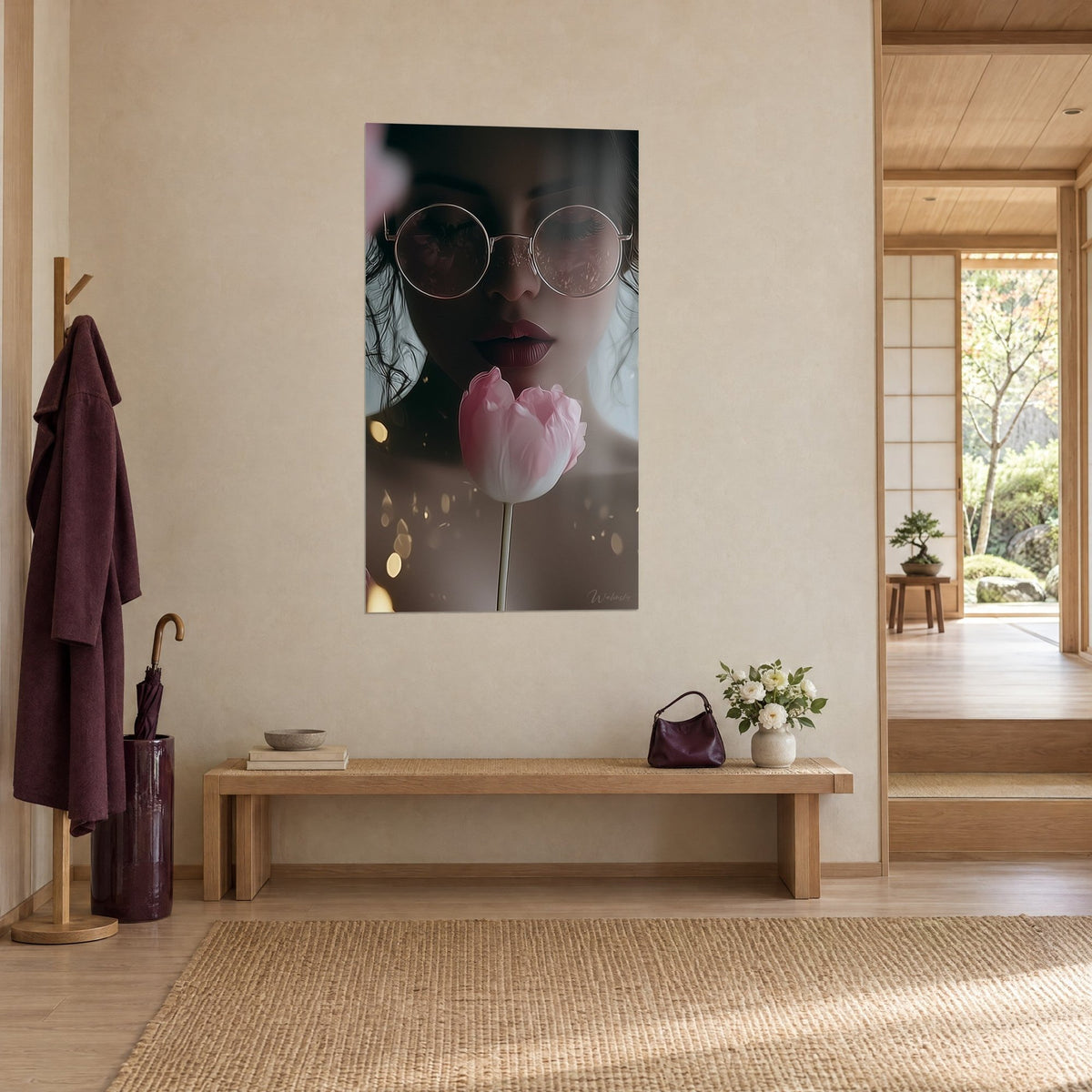 Cuadro flor rosa pálida delante de un rostro con gafas redondas de borde cobre, ambiente marrón, vista de tres cuartos en el recibidor japandi