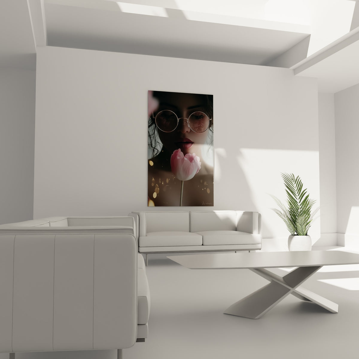 Femme aux lunettes rondes et fleur rose délicate au-dessus d'un canapé dans un salon lumineux
