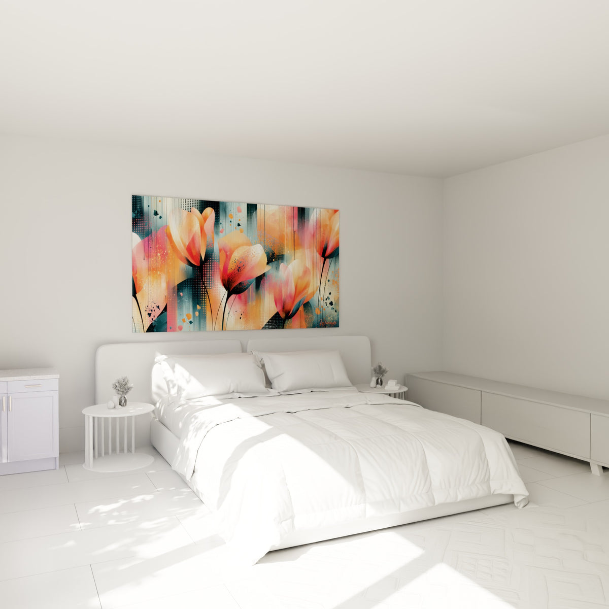 Pétales roses et pêche translucides de tulipes accrochés au-dessus d'un lit dans une chambre claire