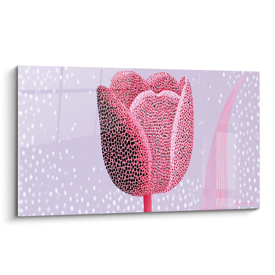 Tableau Tulipe rose et noire aux pétales pointillés - Fond mauve pommelé - Edition Tulipe