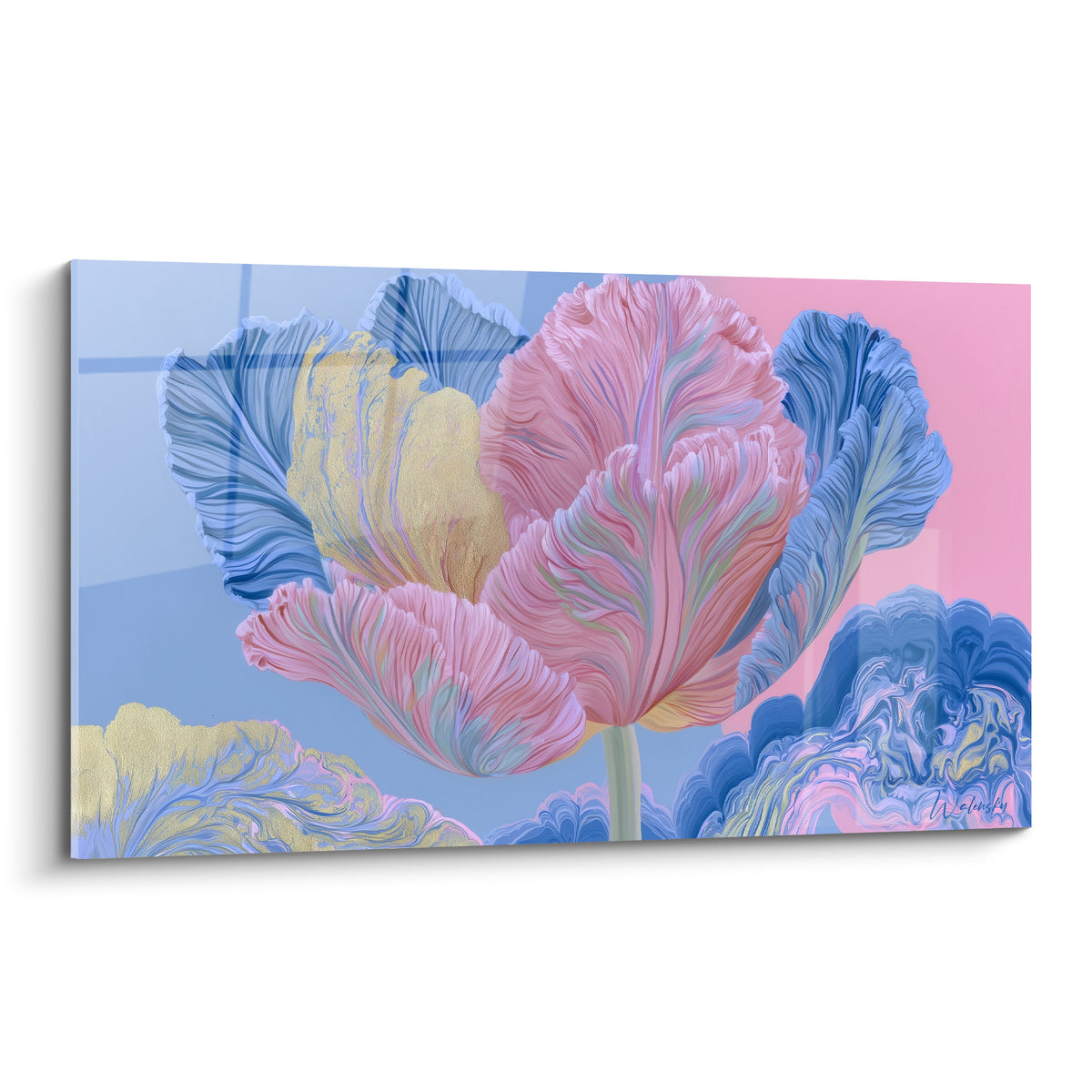 Tulipe géante aux pétales rose poudré et bleu ondulés avec touche dorée sur fond bicolore
