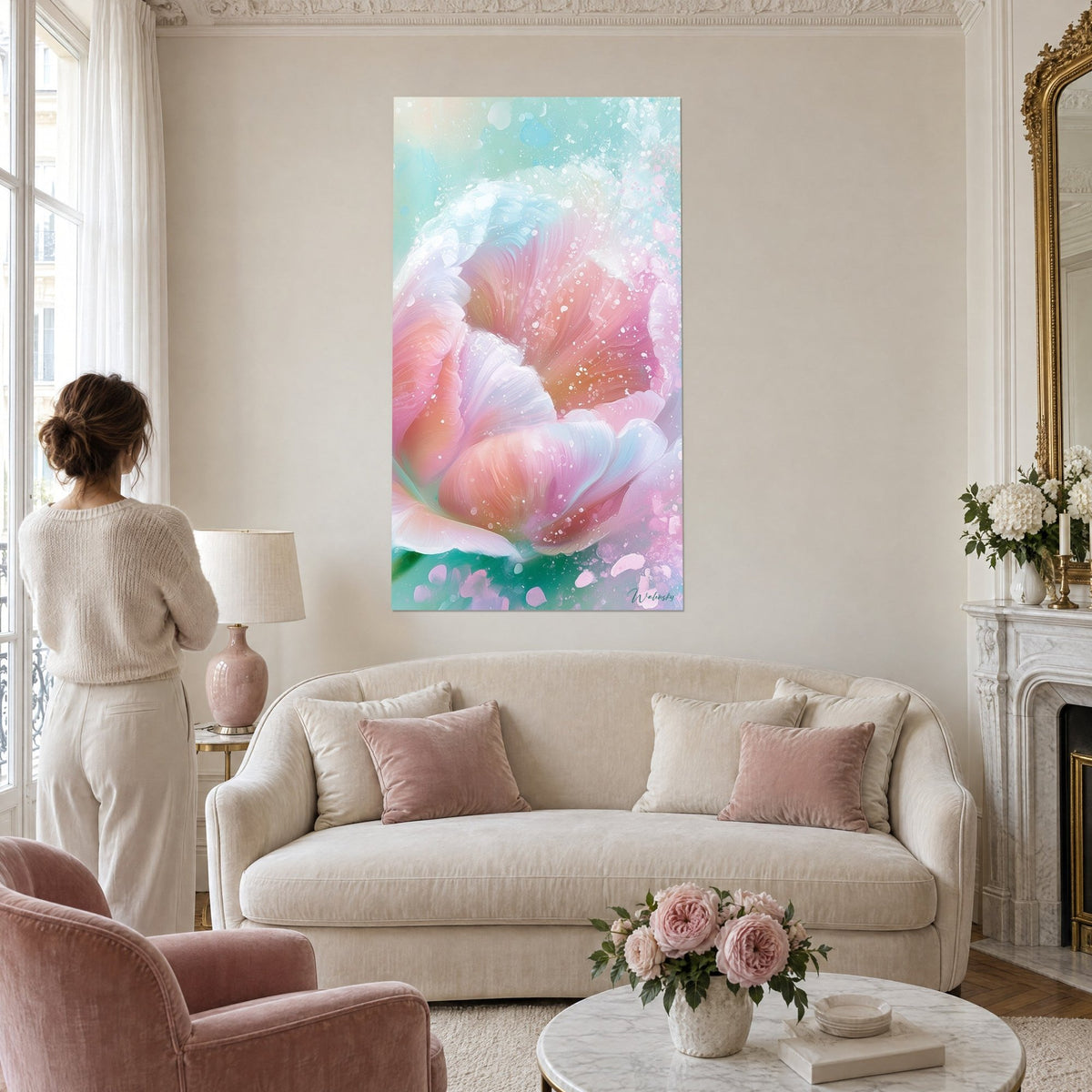 Tableau tulipe rose et turquoise aux embruns scintillants, pétales corail éclaboussés, au-dessus d'un canapé dans un salon lumineux