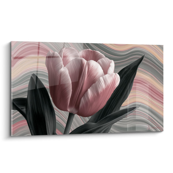 Tableau Tulipe rose aux feuilles anthracite - Éclosion tourbillonnante - Edition Tulipe