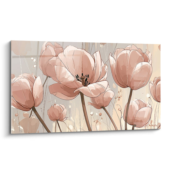 Tulipes roses aux pétales ouverts, fond beige sableux, style illustré délicat et graphique