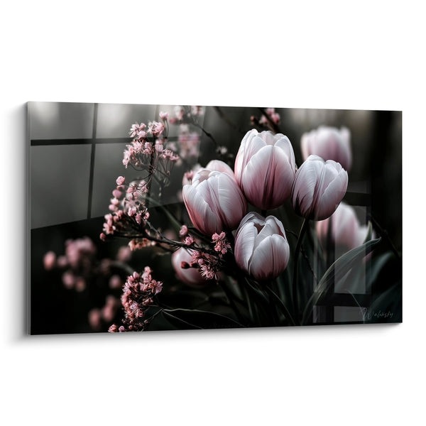 Tableau Tulipes blanches et roses parmi fleurs de cerisier - Reflet en clair-obscur - Edition Tulipe