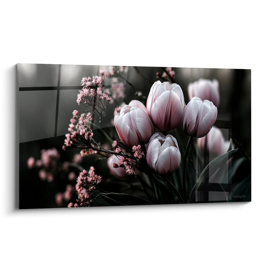 Tableau Tulipes blanches et roses parmi fleurs de cerisier - Reflet en clair-obscur - Edition Tulipe