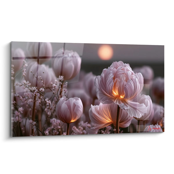 Tableau Tulipe rose et grise aux cœurs incandescents - Petites fleurs sauvages environnantes - Edition Tulipe