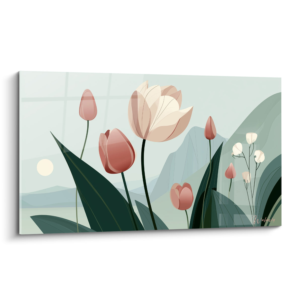 Tulipes roses et crème aux feuilles vert émeraude, montagnes bleu-gris en arrière-plan brumeux