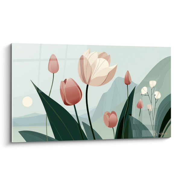 Cuadro Tulipán crema y coral frente a montañas brumosas - Sol pálido discreto - Edición Tulipán