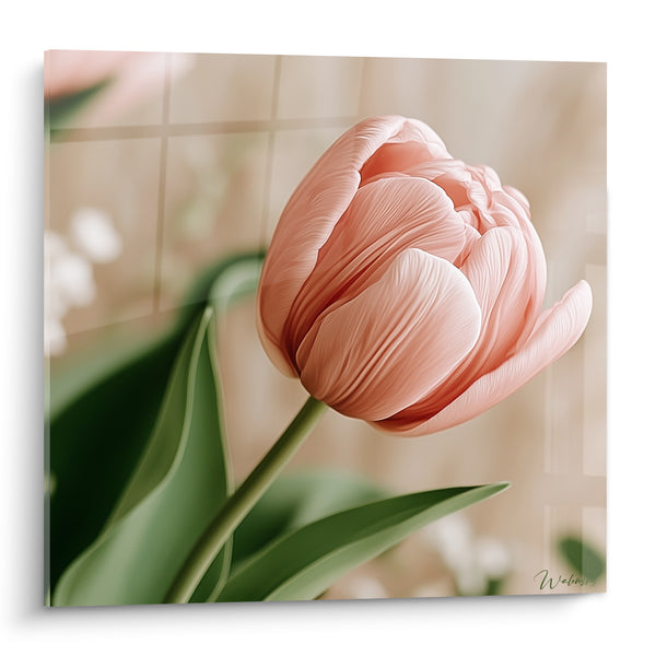 Tableau Tulipe rose pâle aux feuilles vertes - Fond quadrillé beige - Edition Tulipe