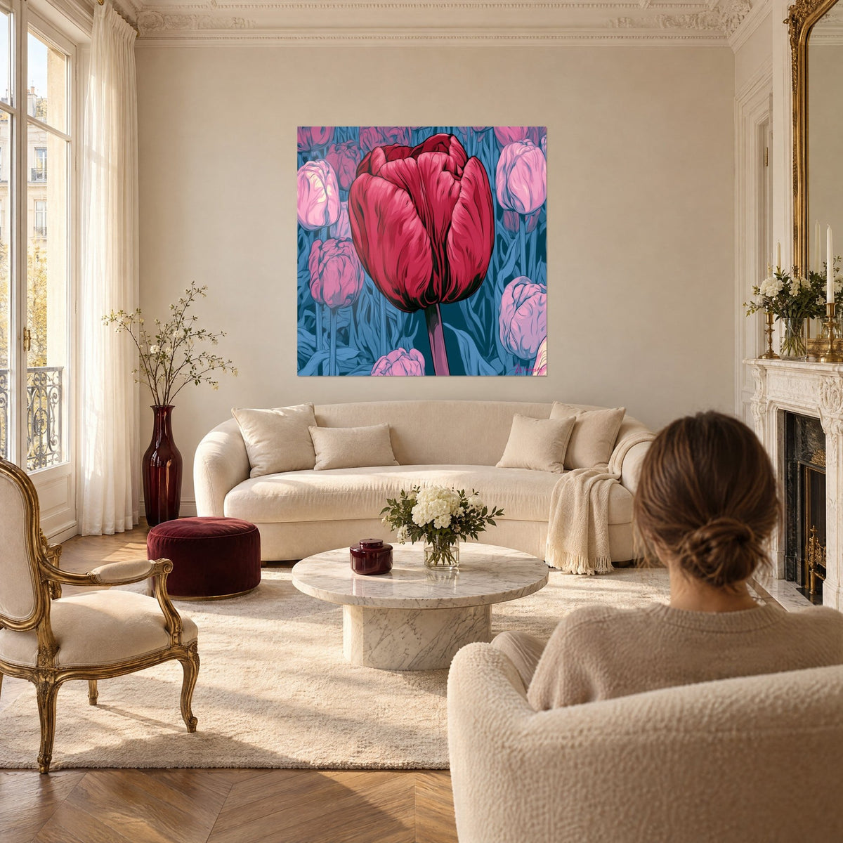 Wall art Crimson tulip with veined petals, petrol-blue background and pink flowers, couple seen from behind, above a sofa in a bright living room