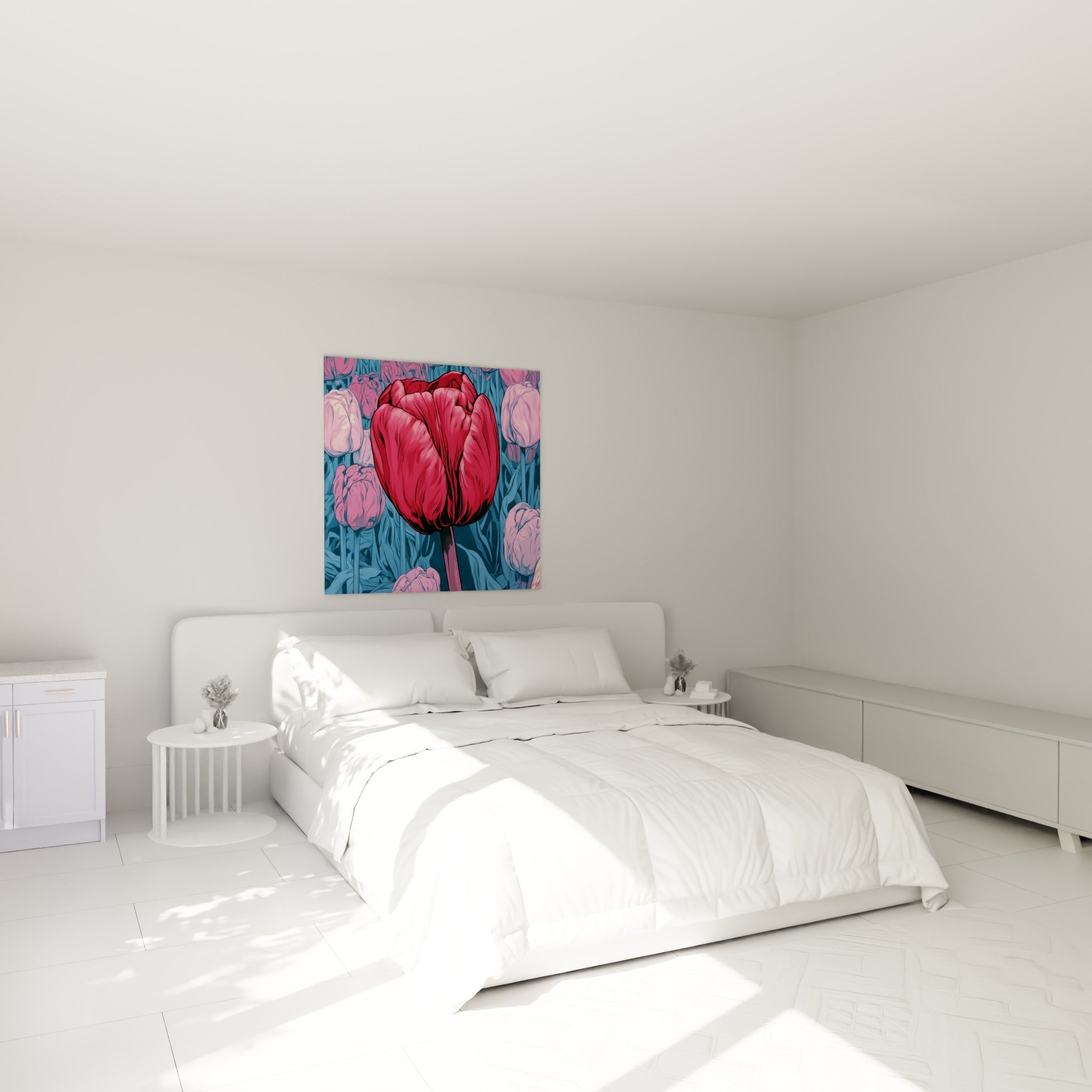 Tulipe rouge illustrée aux tons bleu pétrole et rose accrochée au-dessus d'un lit dans une chambre claire