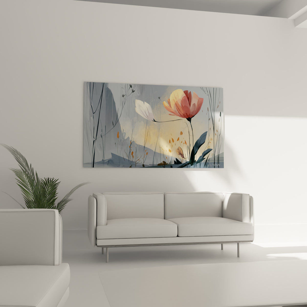Pétale blanc suspendu près d'une tulipe rose et ocre, disposée au-dessus d'un canapé dans un salon lumineux