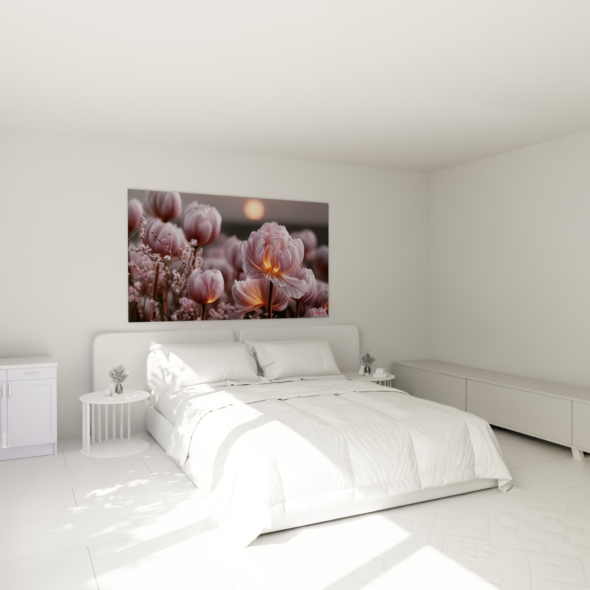 Pétales roses translucides à lueur dorée d'une tulipe au-dessus d'un lit dans une chambre claire