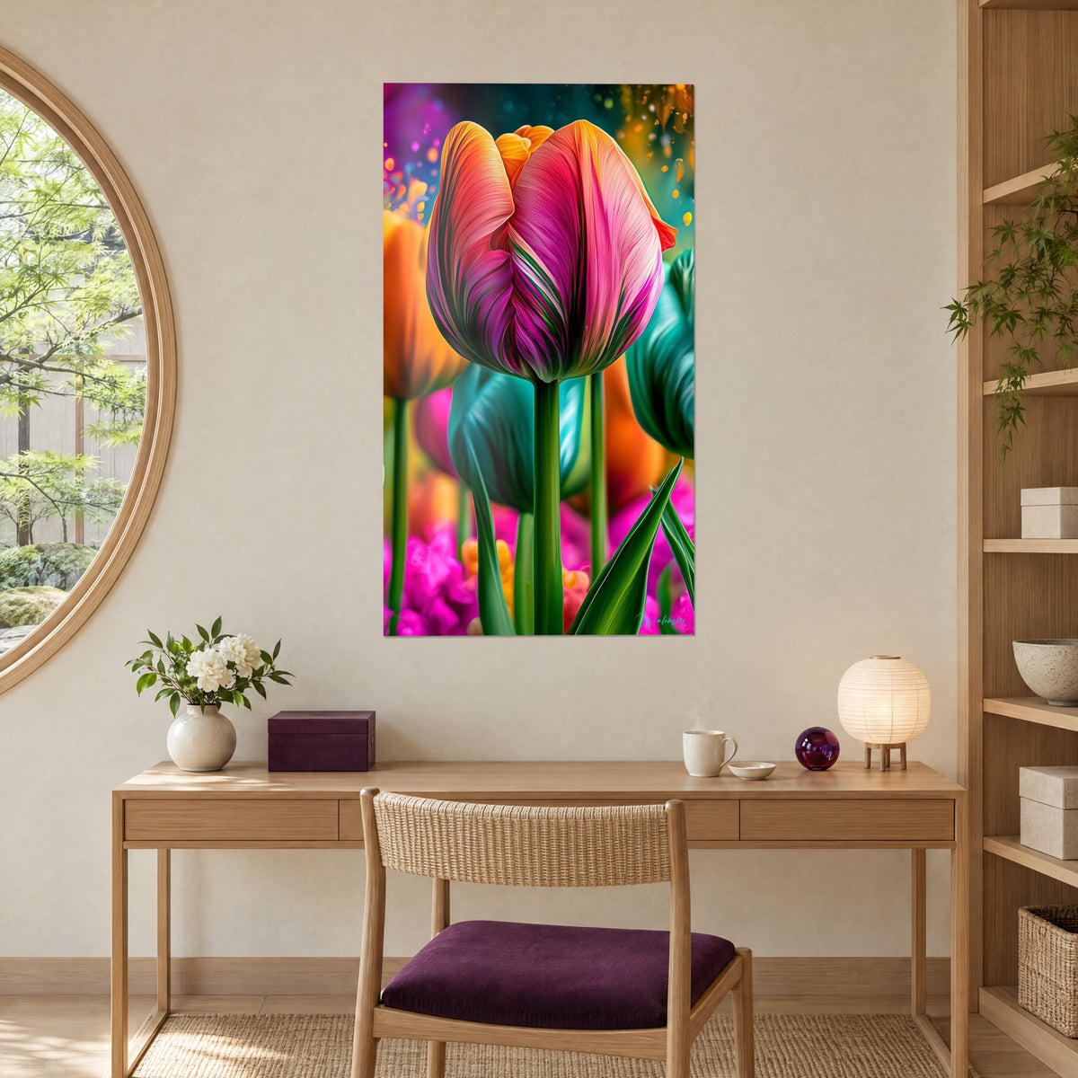 Wall art saturated pink tulip bud, deep green leaves, turquoise and orange background, above a light wood desk