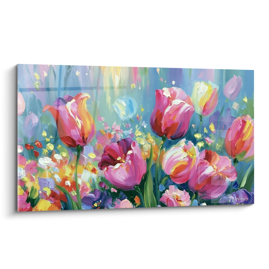 Tableau Tulipes roses et orangées parmi fleurs sauvages - Champ de fleurs sauvages - Edition Tulipe