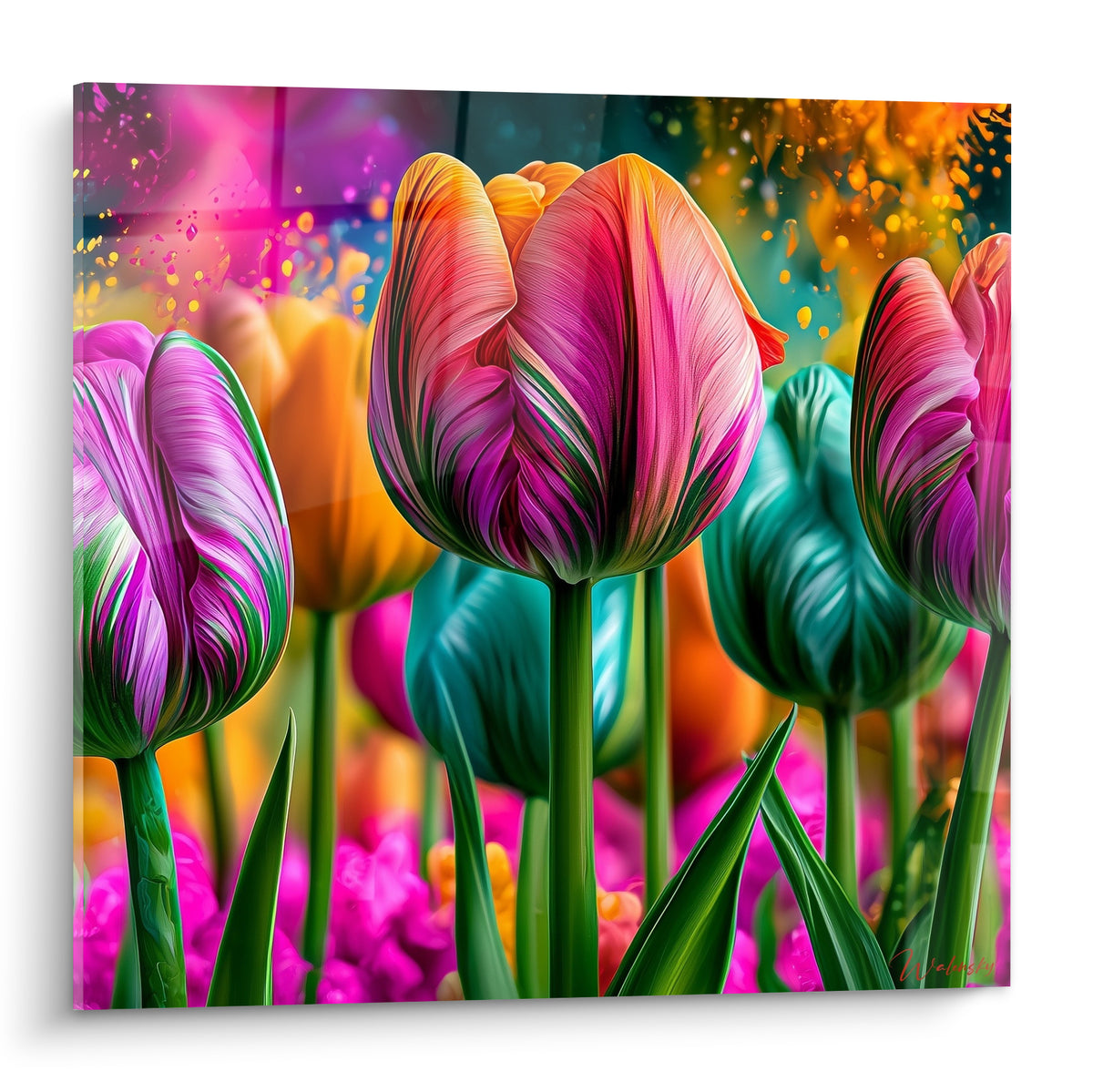 Tulipes roses, turquoise et dorées aux pétales striés dans une composition florale dense et lumineuse
