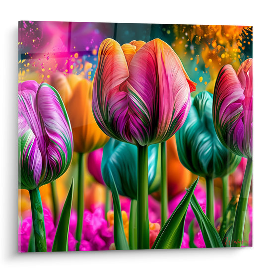 Tulipes roses, turquoise et dorées aux pétales striés dans une composition florale dense et lumineuse
