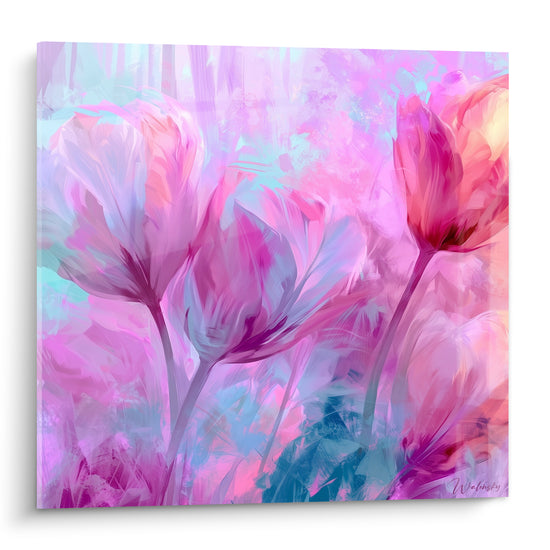 Tulipes roses et turquoise aux pétales vaporeux peintes en larges touches lumineuses
