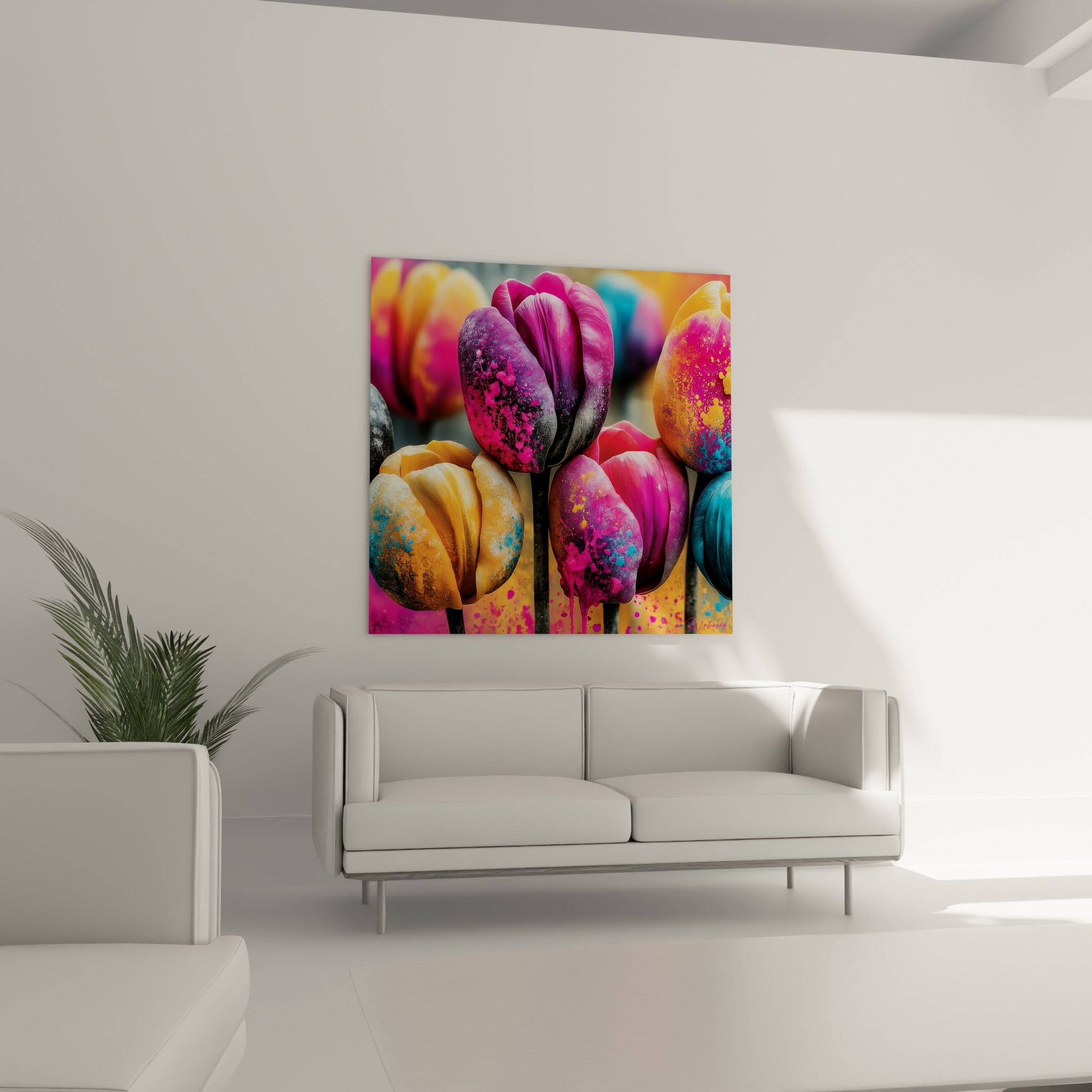 Pétales de tulipe roses et turquoise aux coulures de peinture, suspendus au-dessus d'un canapé dans un salon lumineux