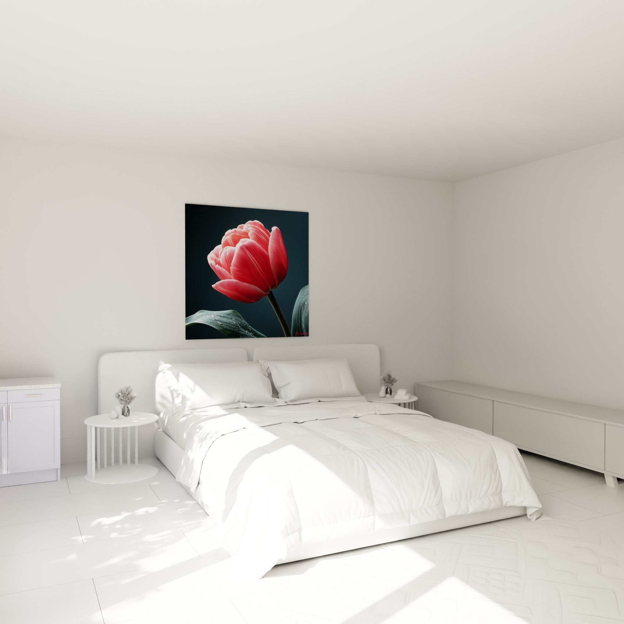 Fleur de tulipe rose et vert olive, gouttelettes scintillantes, au-dessus d'un lit dans une chambre claire