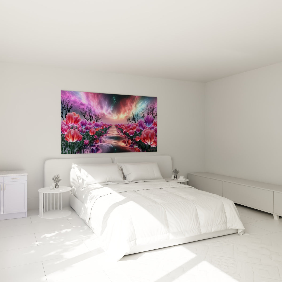 Tulipes fuchsia et violettes vers un ciel embrasé, au-dessus d'un lit dans une chambre claire