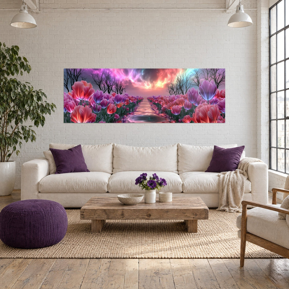 Schilderij van roze en paarse tulpen langs een waterpad onder een vurige oranje hemel, boven een bank in een lichte woonkamer