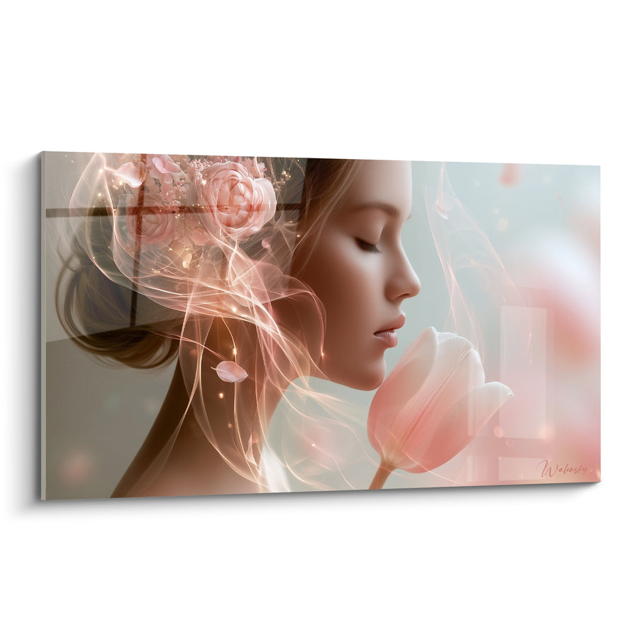 Tableau Tulipe rose et beige effleurant un visage - Portrait féminin aux volutes - Edition Tulipe