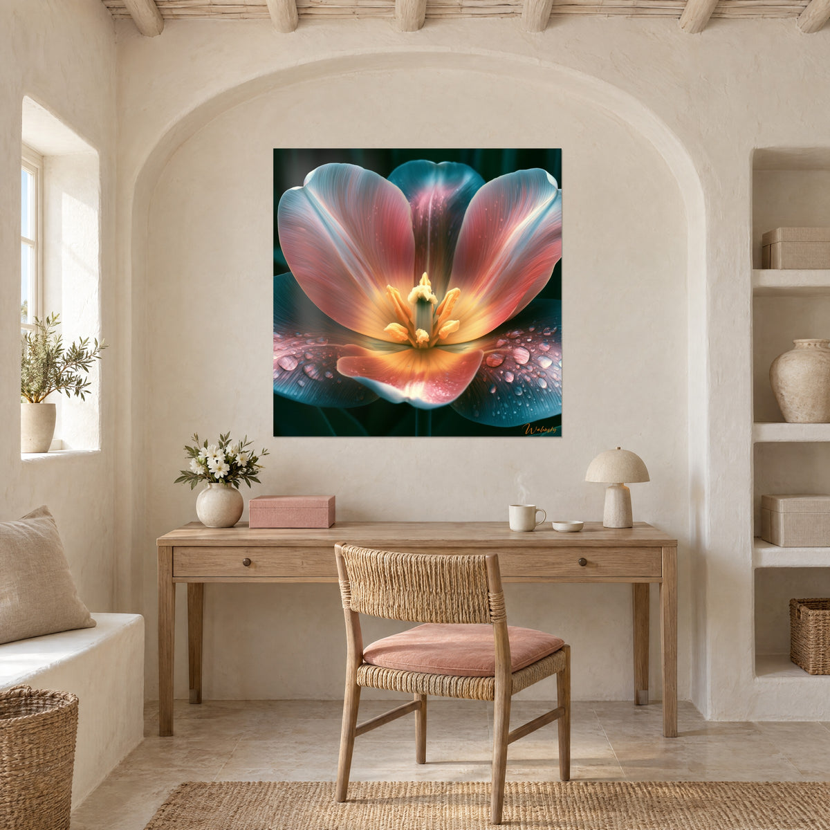 Wall art of a bloomed flower with a golden heart, pink and bluish petals, above a wooden desk in an arched alcove