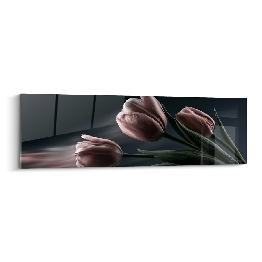 Tableau Tulipes roses et anthracite sur surface réfléchissante - Reflet sur verre sombre - Edition Tulipe