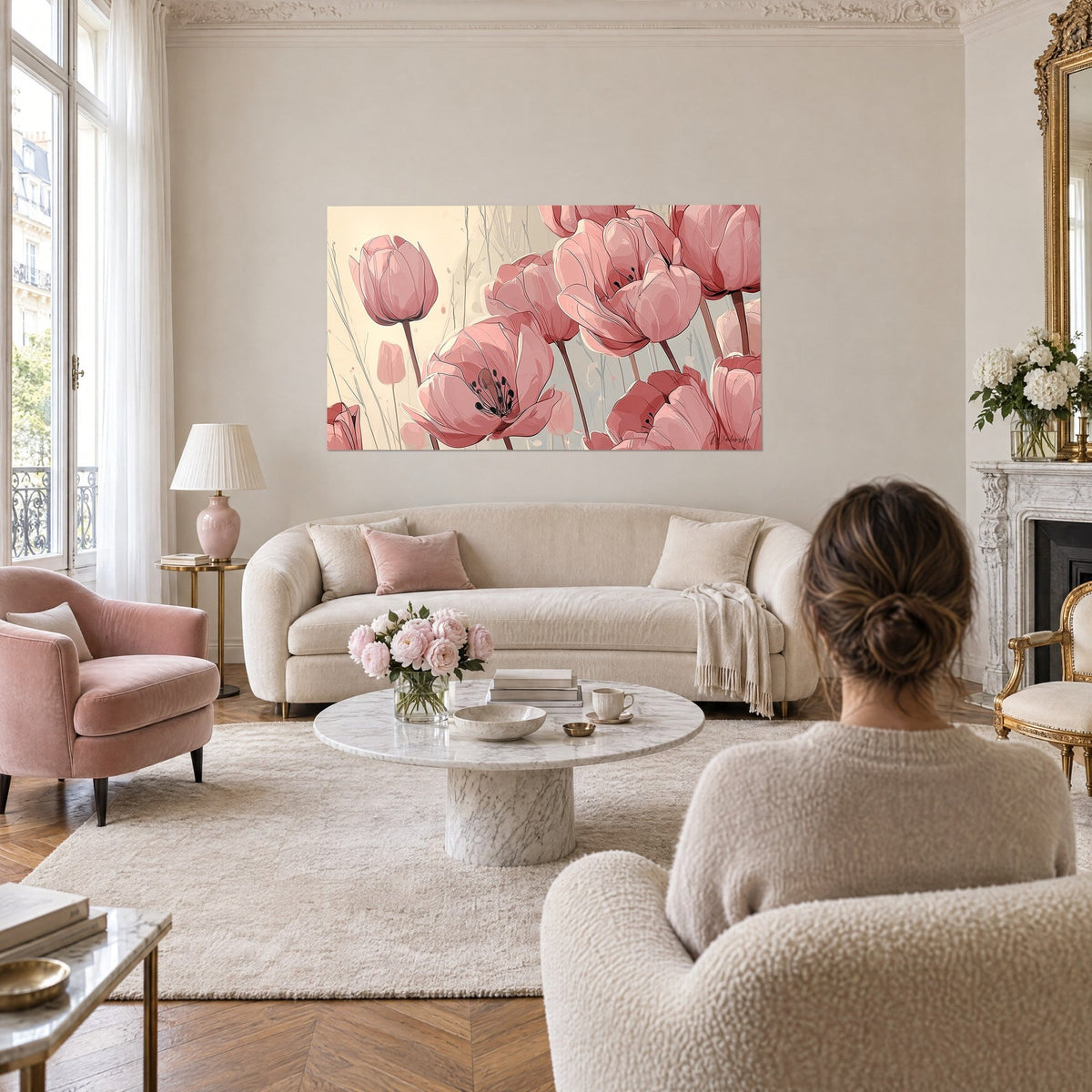 Tableau tulipes roses entrouvertes, étamines noires, fond crème, au-dessus d'un canapé dans un salon lumineux