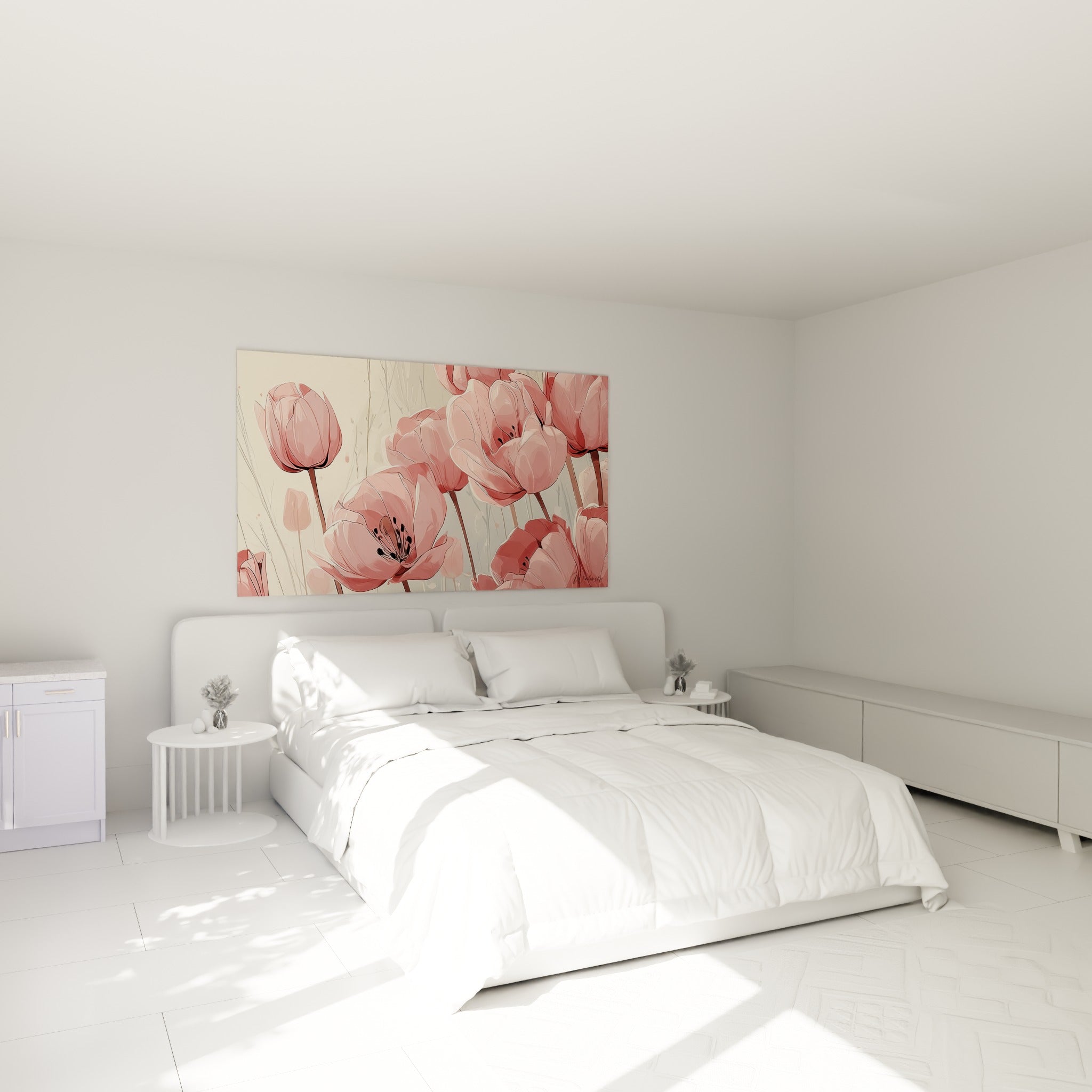 Bouquet de tulipes roses et ivoire au trait fin, accroché au-dessus d'un lit dans une chambre claire