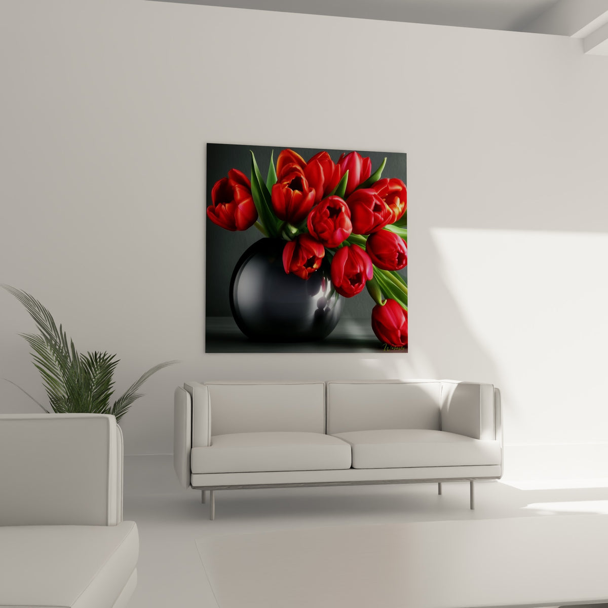 Tulipes rouges vives contre un fond anthracite, disposées au-dessus d'un canapé dans un salon lumineux