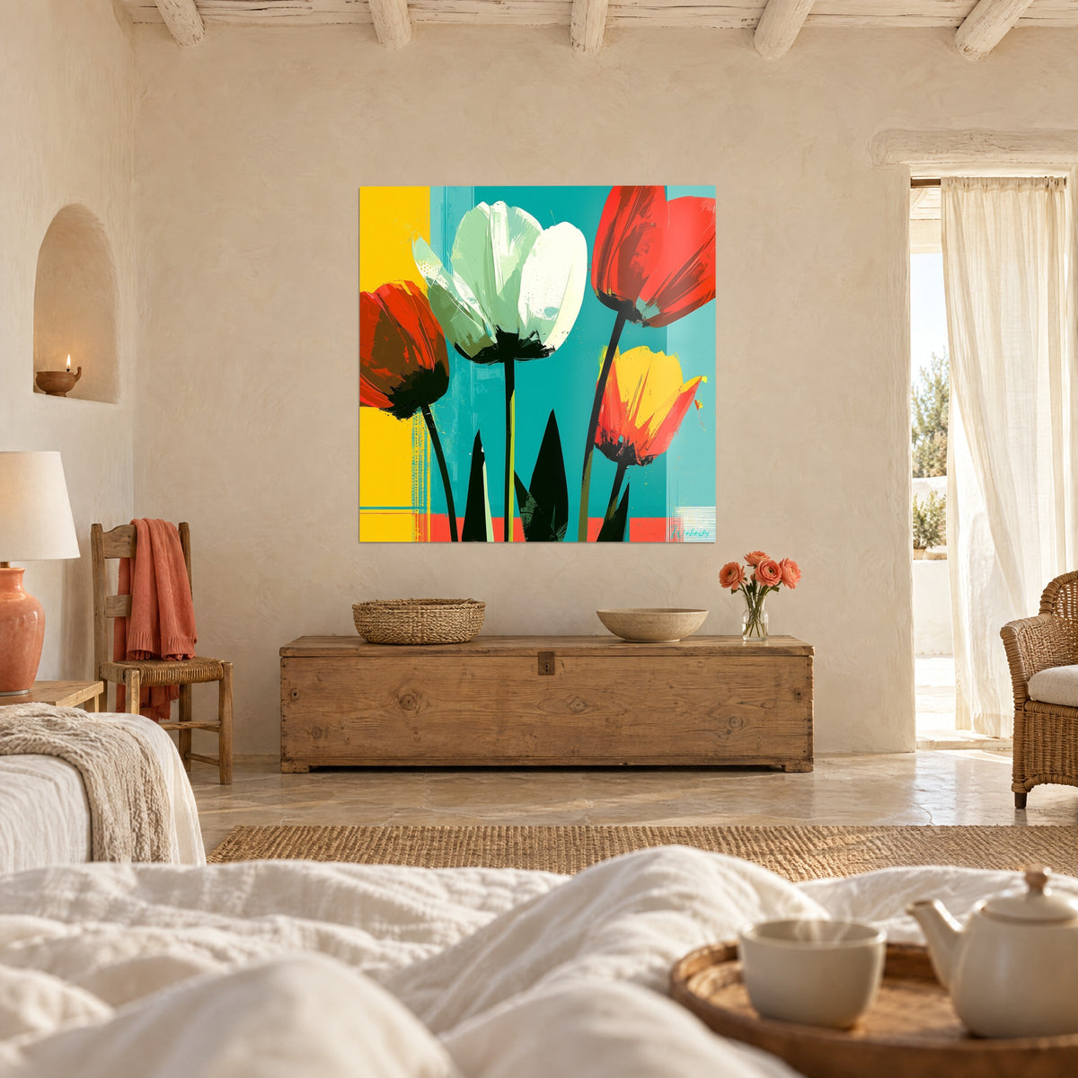 Quadro fioritura primaverile con pennellate rosse e gialle su turchese, sopra un letto in una camera luminosa