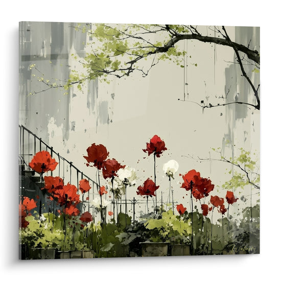 Tulipes rouges et blanches peintes sur fond gris délavé, sous une branche feuillue vert tendre