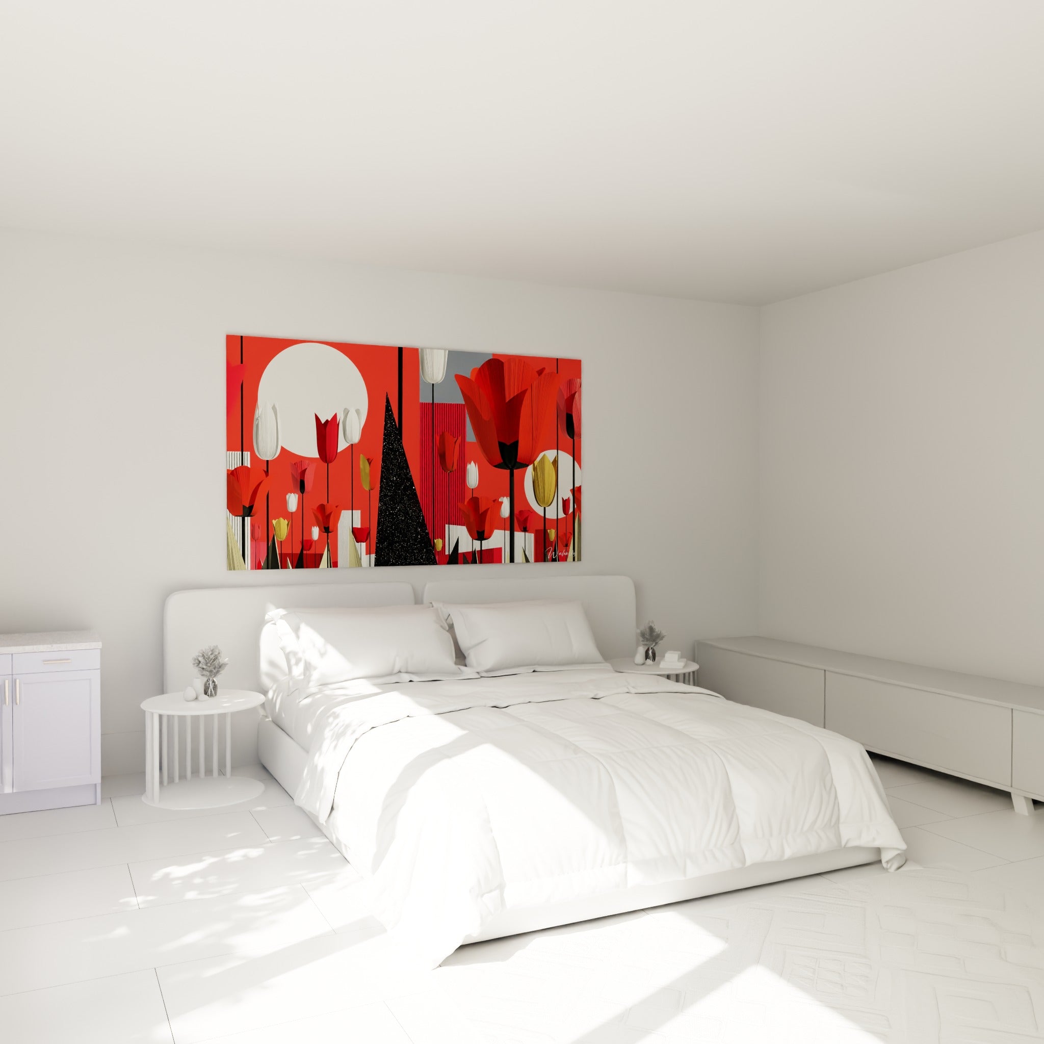 Champ de tulipes rouges et blanches surmonté d'un pic noir étoilé, au-dessus d'un lit dans une chambre claire