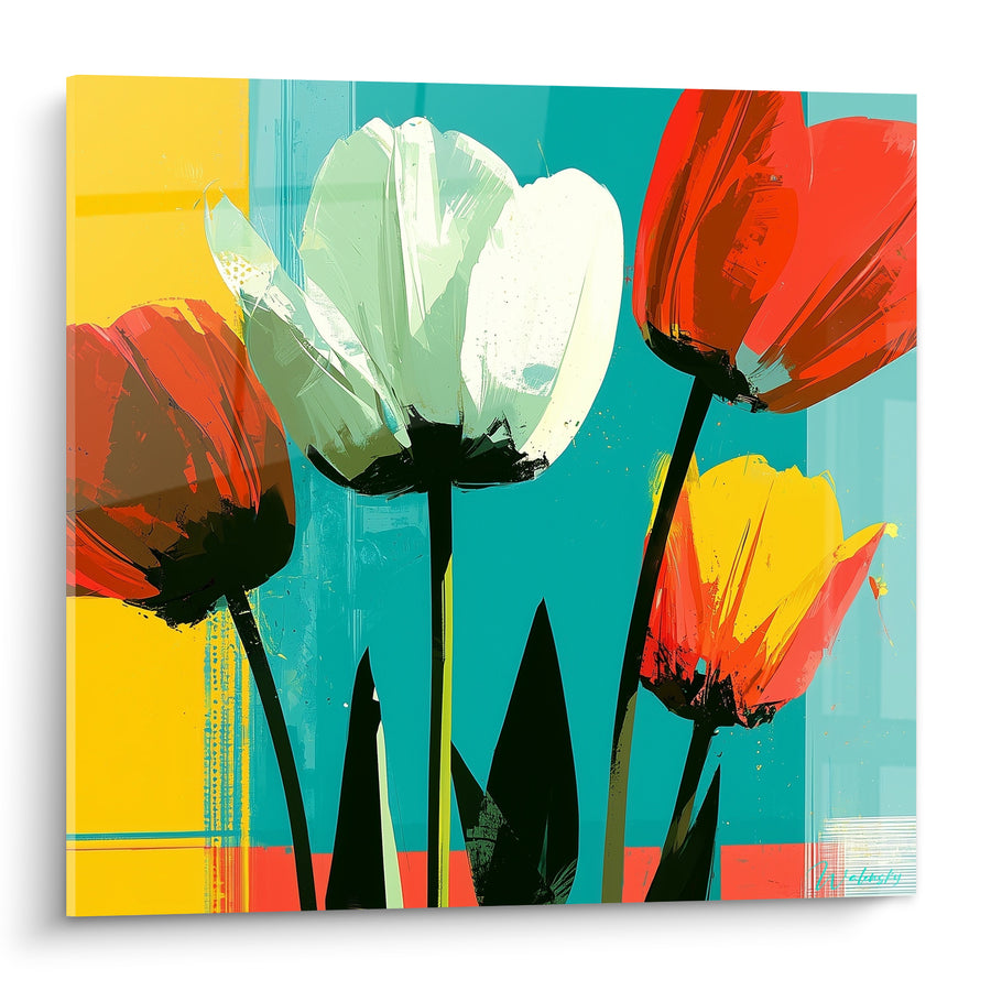 Tableau Tulipes rouges et blanches sur fond turquoise - Éveil du printemps - Edition Tulipe