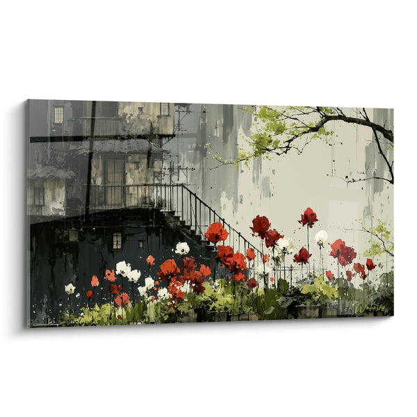Tableau Tulipes rouges devant escalier gris urbain - Renaissance urbaine - Edition Tulipe
