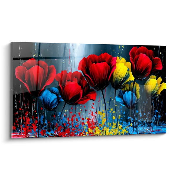 Tableau Tulipes rouges et bleues aux éclaboussures ruisselantes - Rangée fleurie contrastée - Edition Tulipe