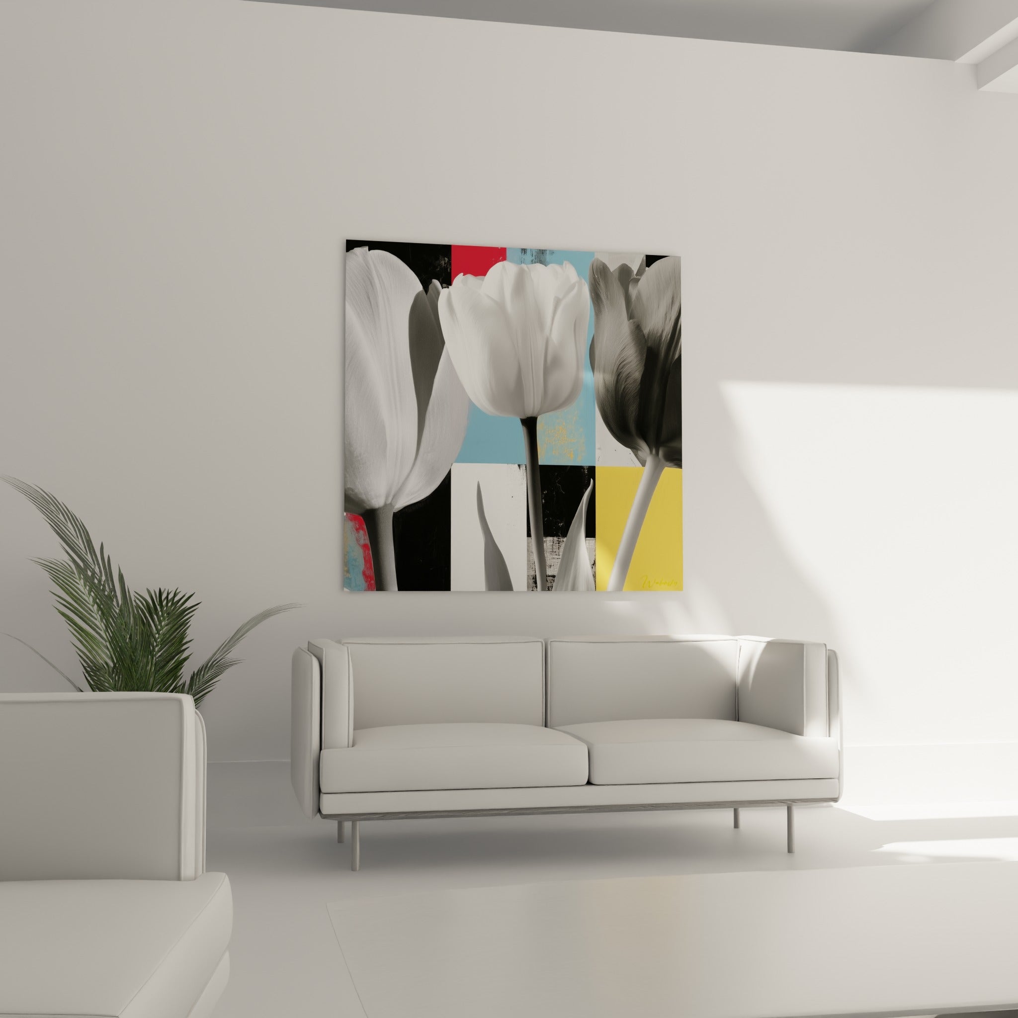 Pétales de tulipe blanche et grise contrastant avec un fond bleu ciel, au-dessus d'un canapé dans un salon lumineux