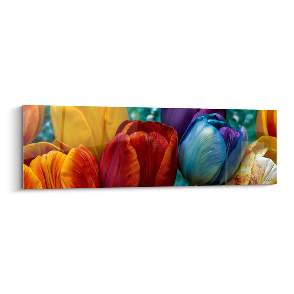 Tableau Tulipes rouge et bleue en rangée serrée - Fond turquoise flouté - Edition Tulipe