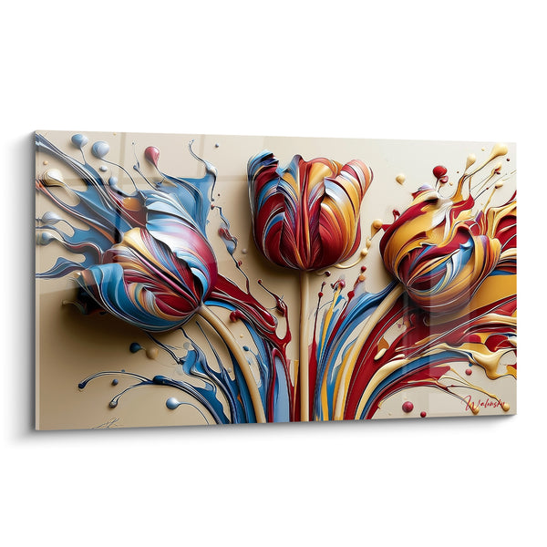 Tableau Trois tulipes rouge et bleu marbrées - Éclosion figée - Edition Tulipe