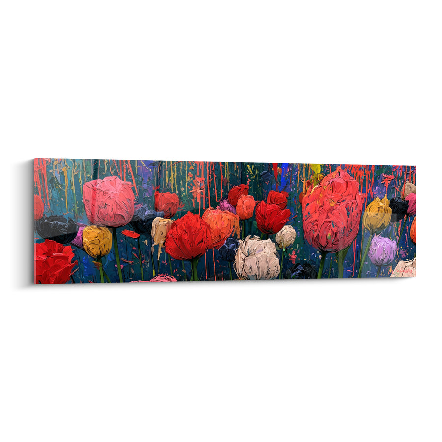 Tableau Tulipes rouges et roses aux coulures peintes - Massif multicolore panoramique - Edition Tulipe