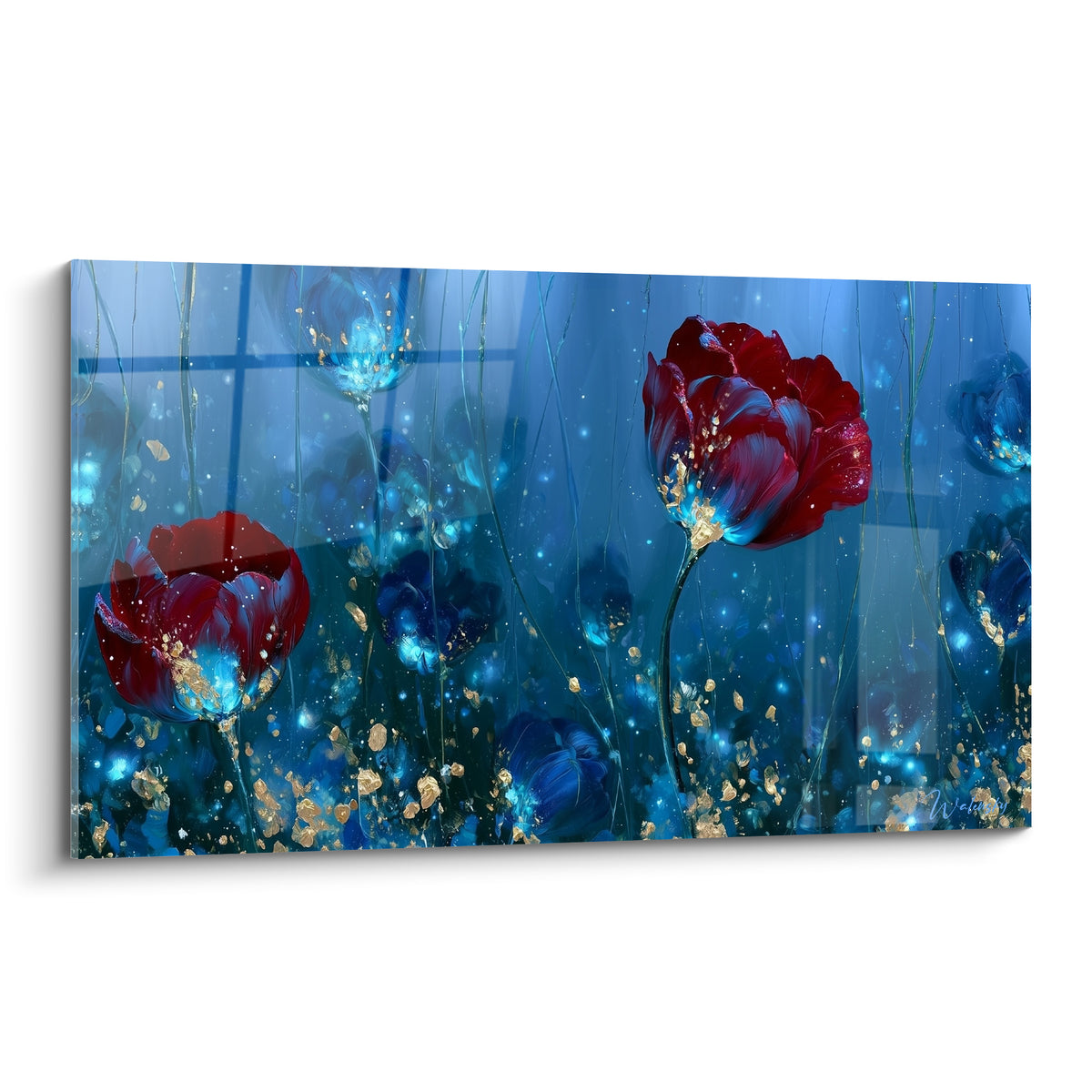 Tulipes rouge profond et bleu marine scintillant d'éclats dorés sur fond nocturne saturé