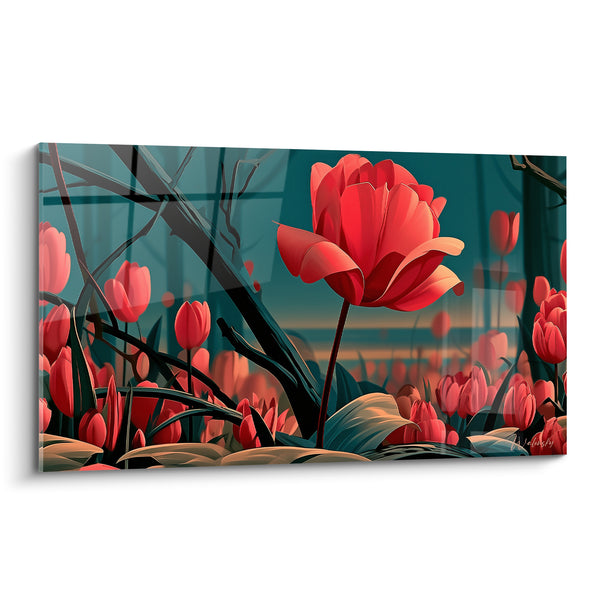 Tableau Tulipe rouge et turquoise dominant les branches noires - Sous-bois au crépuscule - Edition Tulipe