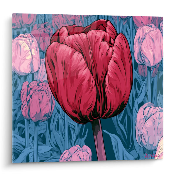 Tableau Tulipe rouge et bleue au trait encré - Champ de fleurs illustrées - Edition Tulipe