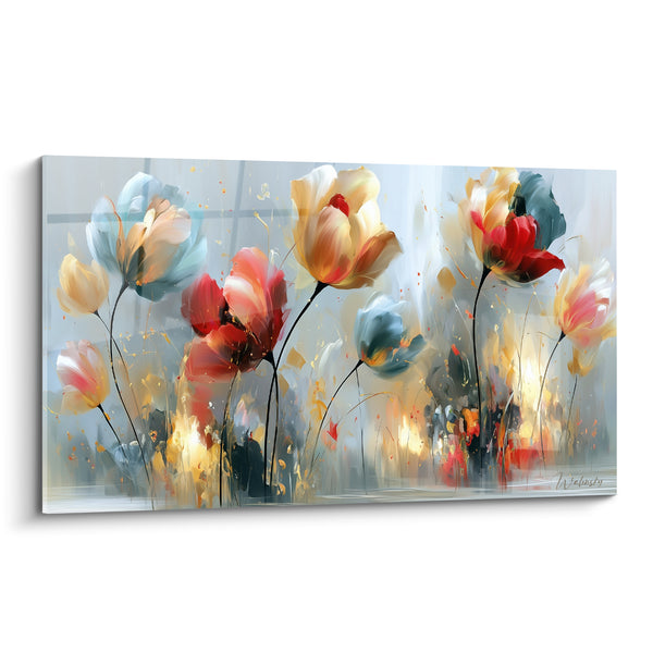 Tableau Tulipes rouges et dorées aux tiges filiformes - Éclaboussures lumineuses au sol - Edition Tulipe