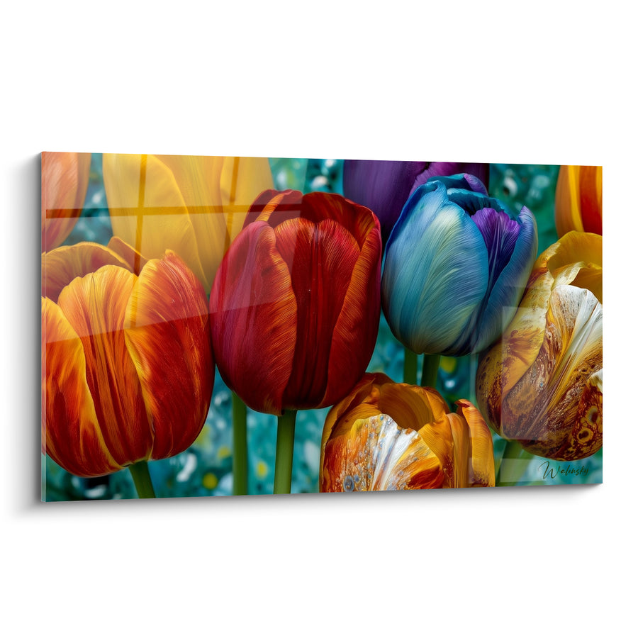 Tableau Tulipes rouge et bleu pétales veloutés - Bouquet flamboyant - Edition Tulipe